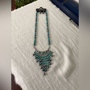Elegant Turquoise and Silver Beaded Necklace and earring set 24”